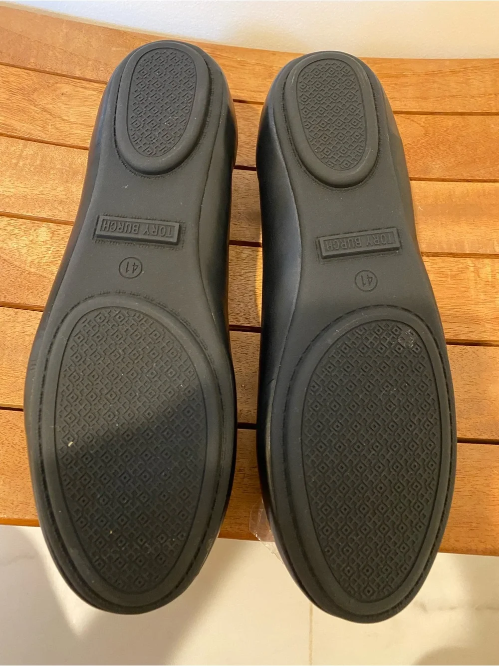 Tory Burch Black Leather Reva Flats with Gold Logo Medallion